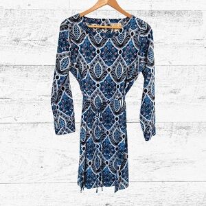 LOFT Navy and White Patterned Long Sleeve Dress